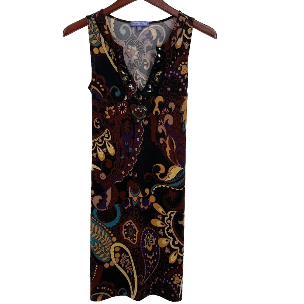 Vivienne Tam XS Paisley Sleeveless Dress Beaded Neck Stretch Brown Purple Boho